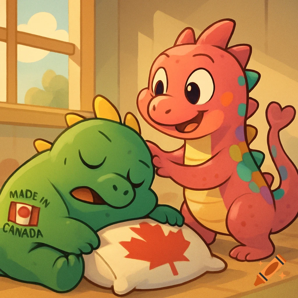 A green cartoon dragon sleeps on a Canadian flag pillow, with 'MADE IN CANADA' on its side, while a pink dragon wakes it.