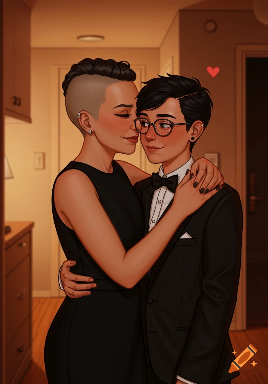 Digital illustration of two women embracing. One in a black dress with a shaved undercut, the other in a tuxedo and glasses, with a red heart.