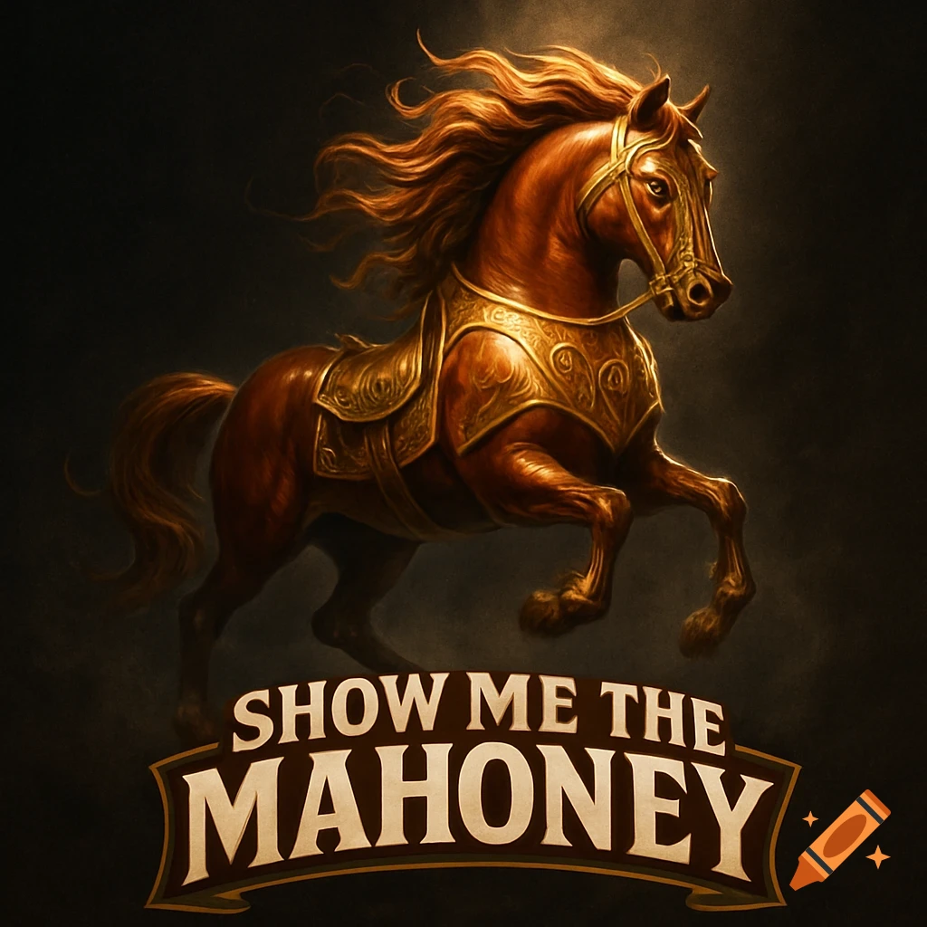 A majestic brown horse with a flowing mane and ornate golden tack rears against a dark background, with the text 'SHOW ME THE MAHONEY' below it in a logo style.