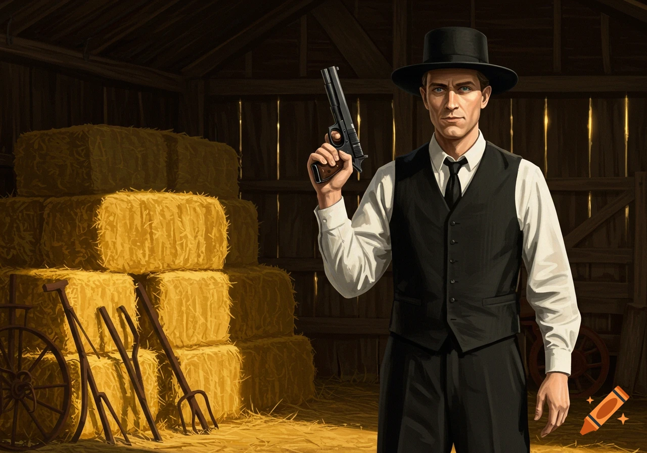 A serious man in a black hat, vest, and white shirt holds a pistol in a dimly lit barn with hay bales.