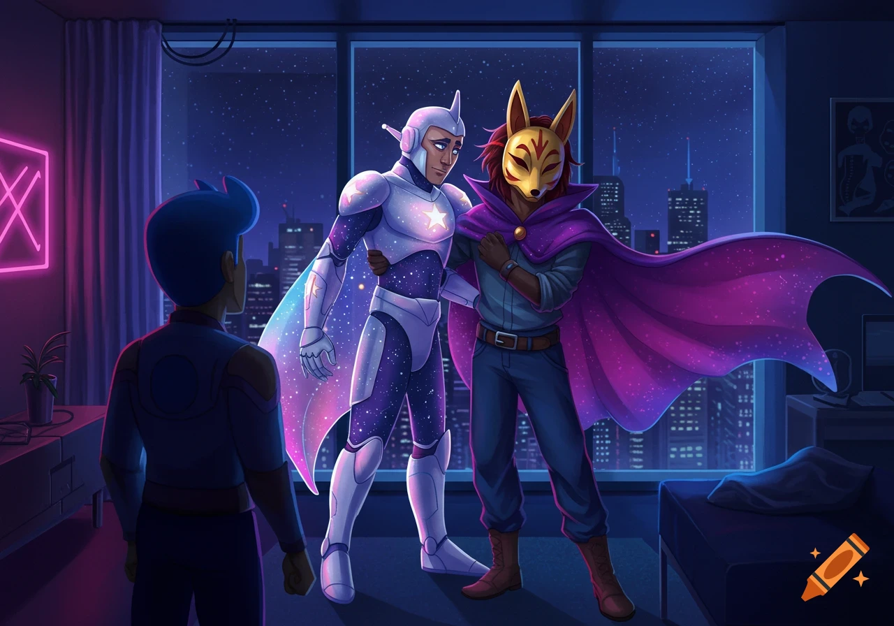 Three stylized characters in a futuristic room overlooking a city at night. A character in a galaxy-themed suit embraces another with a fox mask and purple cape, while a third character watches from the background.