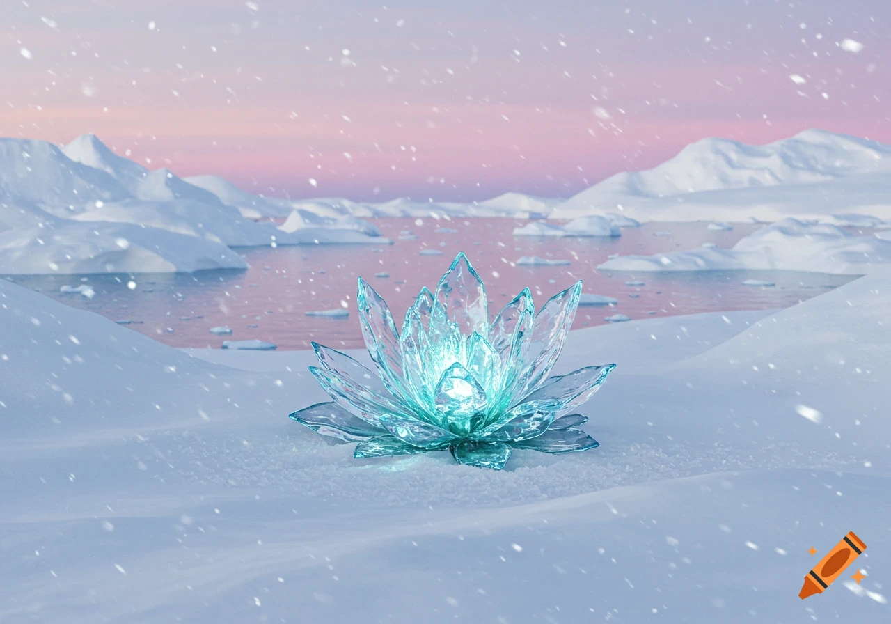 A glowing blue ice lotus sits in a snowy arctic landscape with distant mountains, a pink sky, and falling snow.