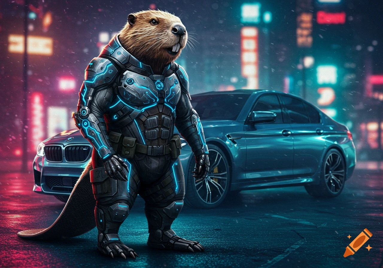 A photorealistic beaver in a futuristic glowing blue armored suit stands on a wet street at night with blurred blue cars and neon signs in the background.
