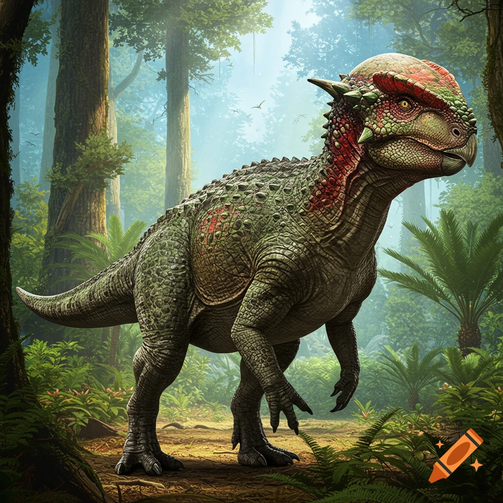 A realistic dinosaur hybrid, resembling a Pachycephalosaurus with Dilophosaurus features, stands in a lush, ancient jungle.