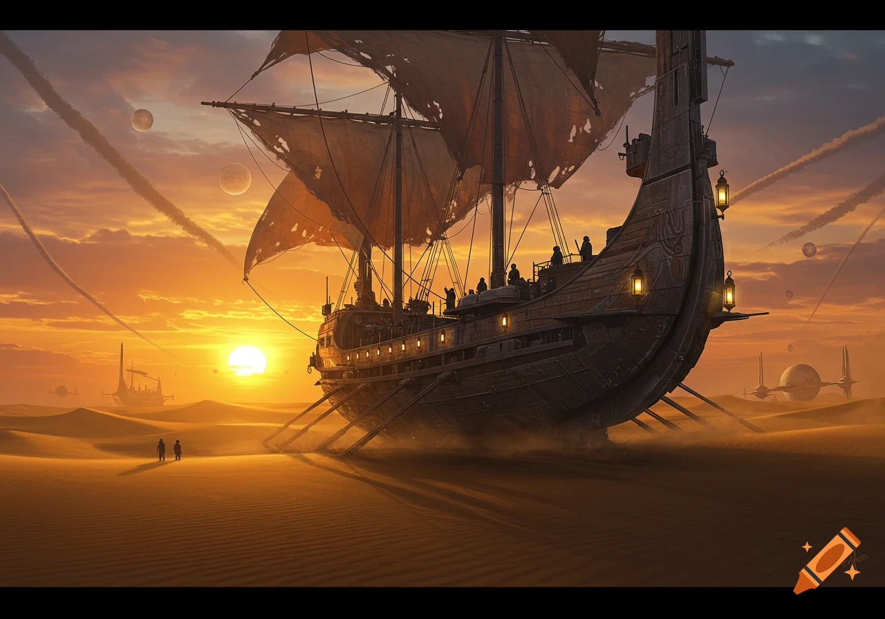 A large, tattered sail barge on a vast desert at sunset, with multiple planets in the sky and two small figures in the foreground.