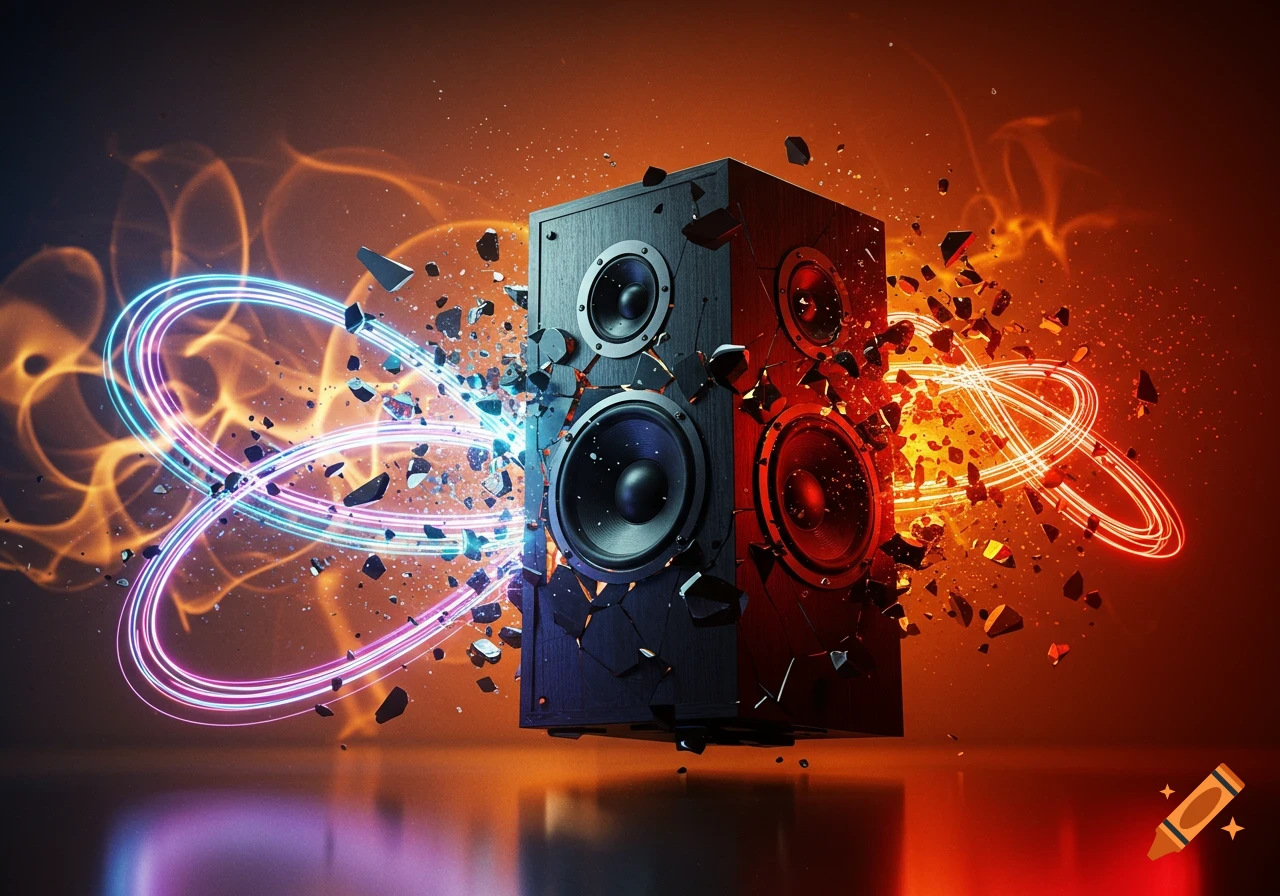 A speaker cabinet appears to explode with sound, emitting vibrant blue and red energy waves and shattered pieces against an orange background.