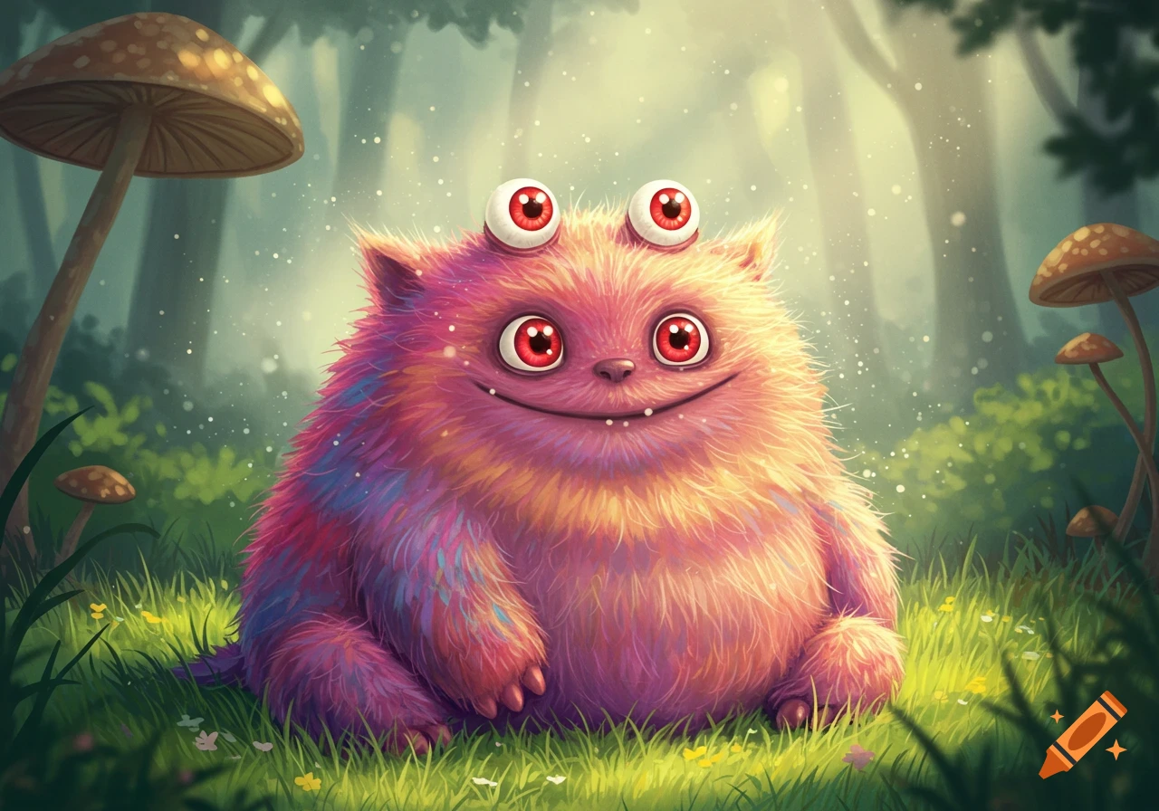 A fluffy pink and purple monster with red googly eyes and a wide smile sits in a magical forest with mushrooms.