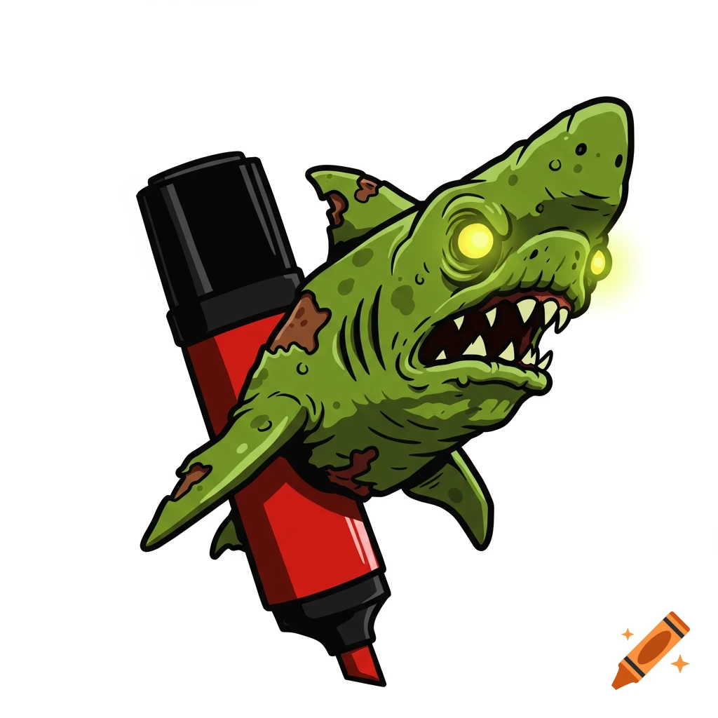 A stylized cartoon green zombie shark with glowing yellow eyes, its body wrapped around a red marker.