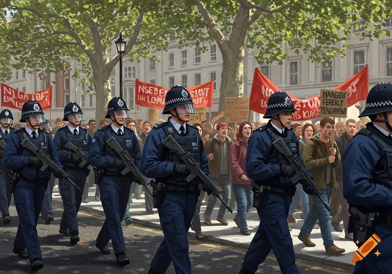 British armed police officers in dark blue uniforms and helmets march down an urban street, past a crowd of protestors holding red banners.