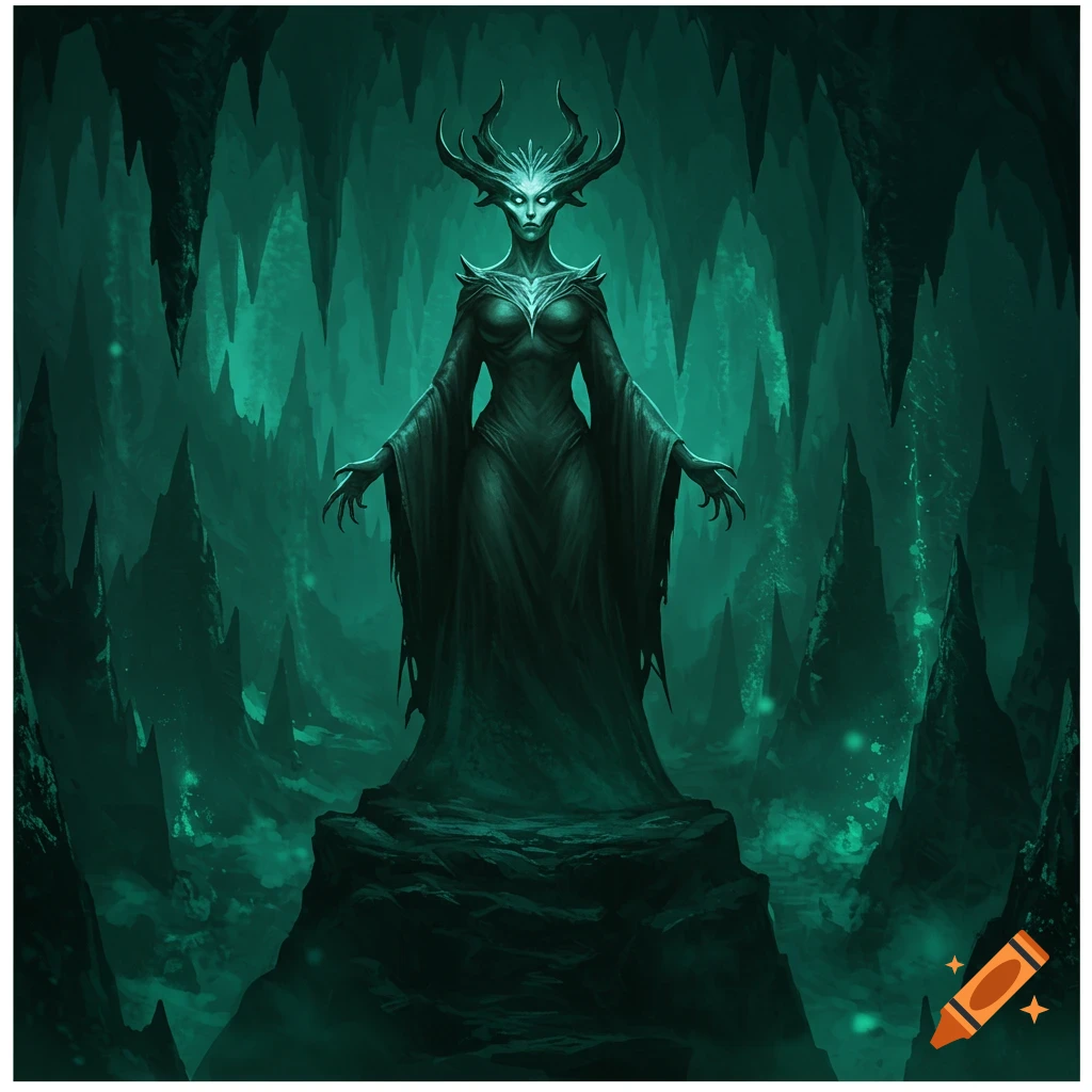 A dark fantasy illustration of a horned, ghostly figure in a long cloak, standing on a rock in a glowing green cave.