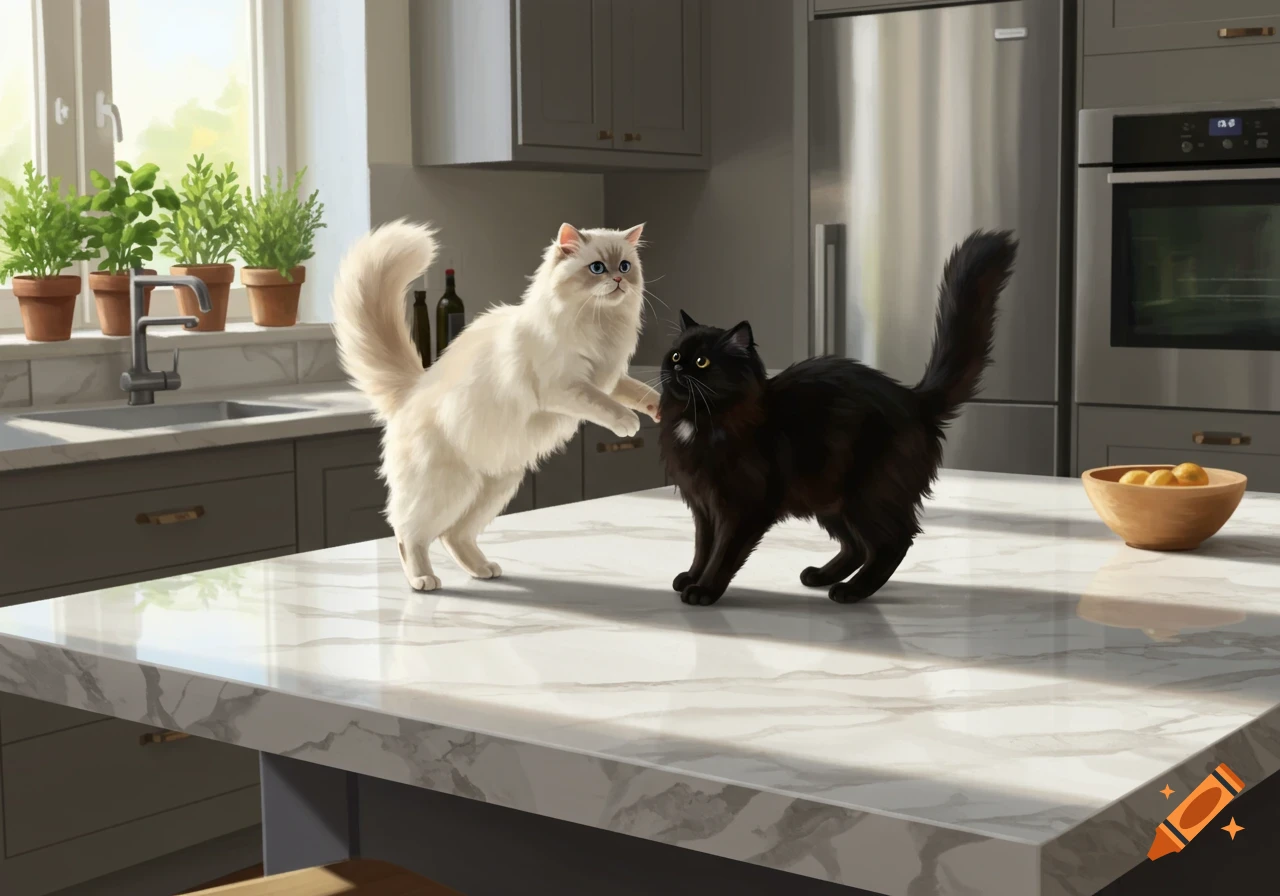 Photorealistic image of a white Persian cat playfully swatting at a black Persian cat on a white marble kitchen countertop.