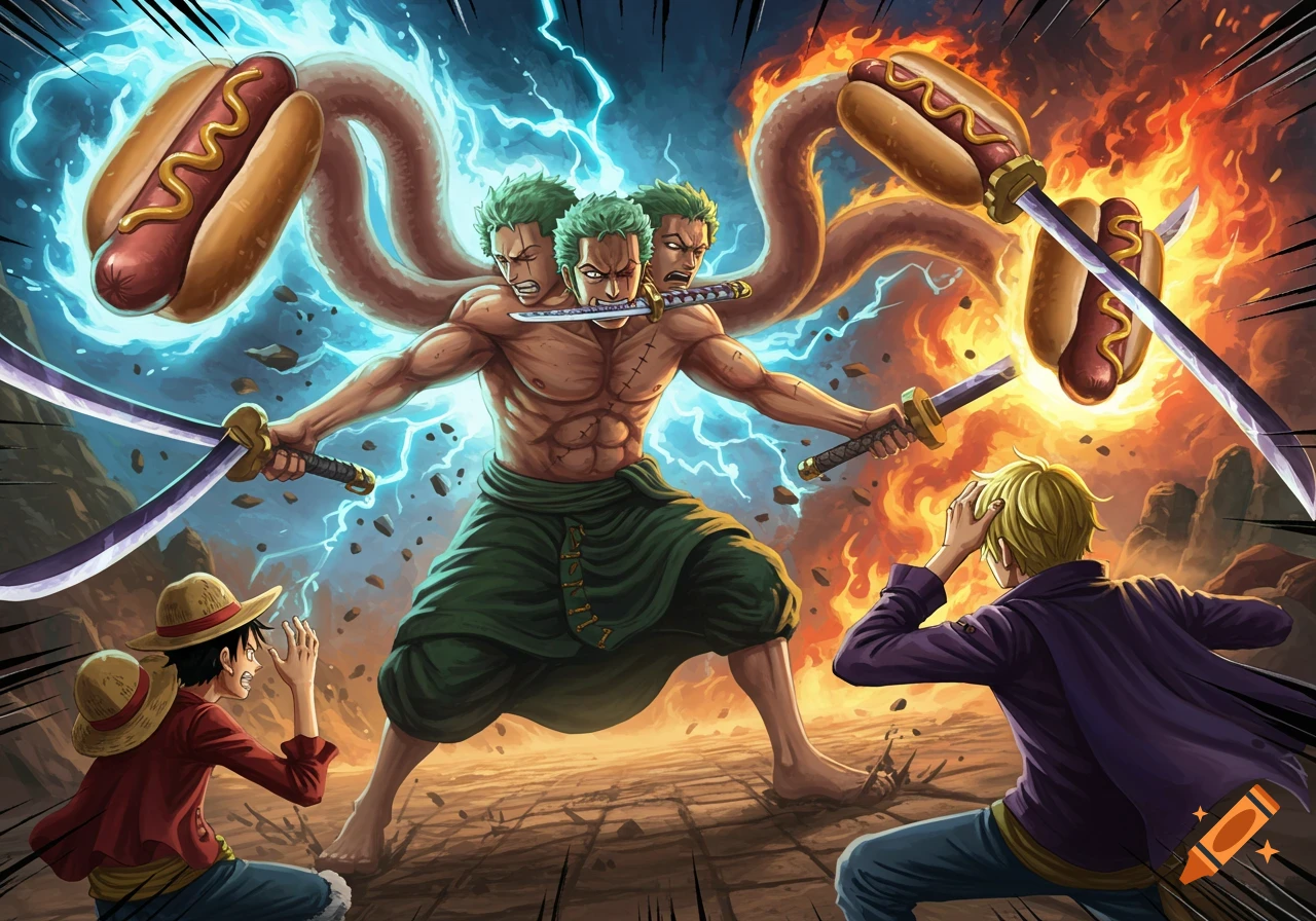 One Piece's Zoro with three heads and four arms wields hotdog-swords in a dynamic anime battle as Luffy and Sanji watch in shock.