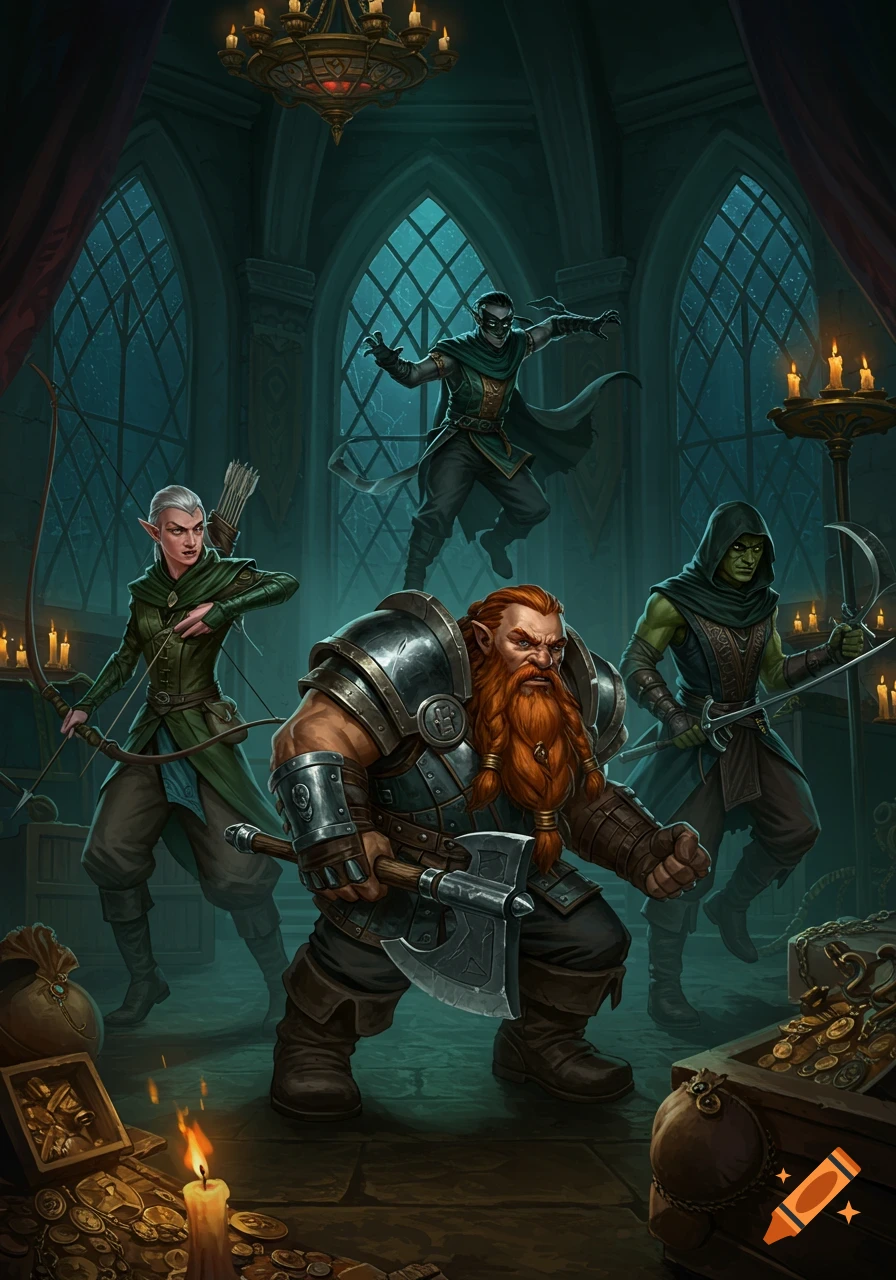 A dwarf, elf, and two rogues stand in a shadowy, arched room with treasure chests and candles, in a detailed fantasy illustration.
