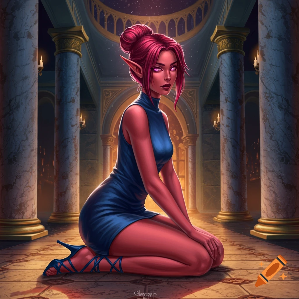 A beautiful, red-skinned female elf with pink eyes and red-pink hair in a bun, wearing a blue mini-dress and blue lace-up heels, kneels in a grand estate.