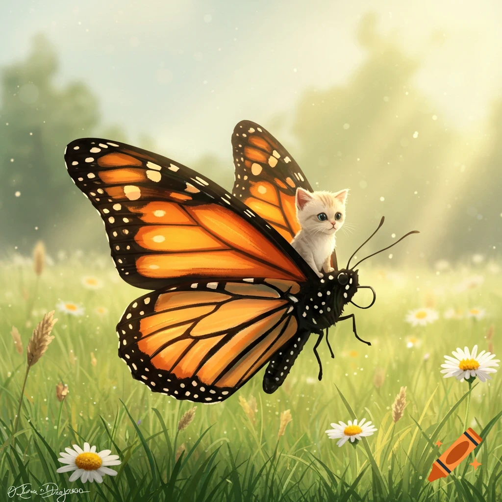 A tiny white kitten with blue eyes rides a monarch butterfly above a field of green grass and white daisies, bathed in sunlight.