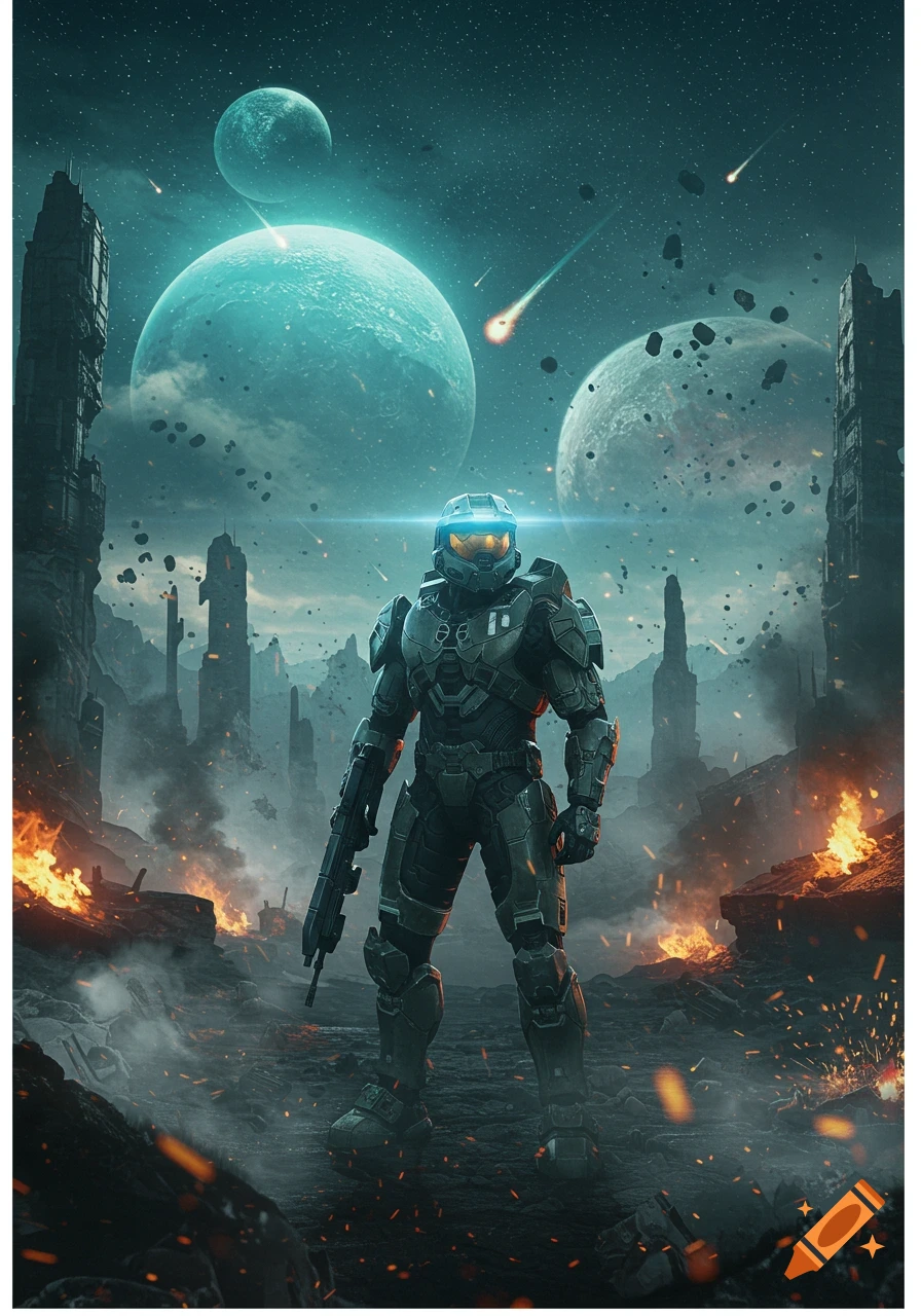 Master Chief stands in a ruined city with burning fires, under alien planets and meteorites in a starry sky, in a sci-fi digital art style.