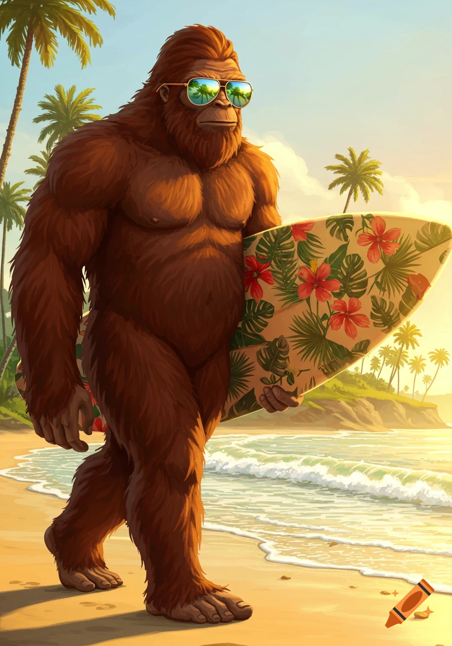 A furry Sasquatch in sunglasses walks on a sunny beach, carrying a tropical-patterned surfboard. Illustration.