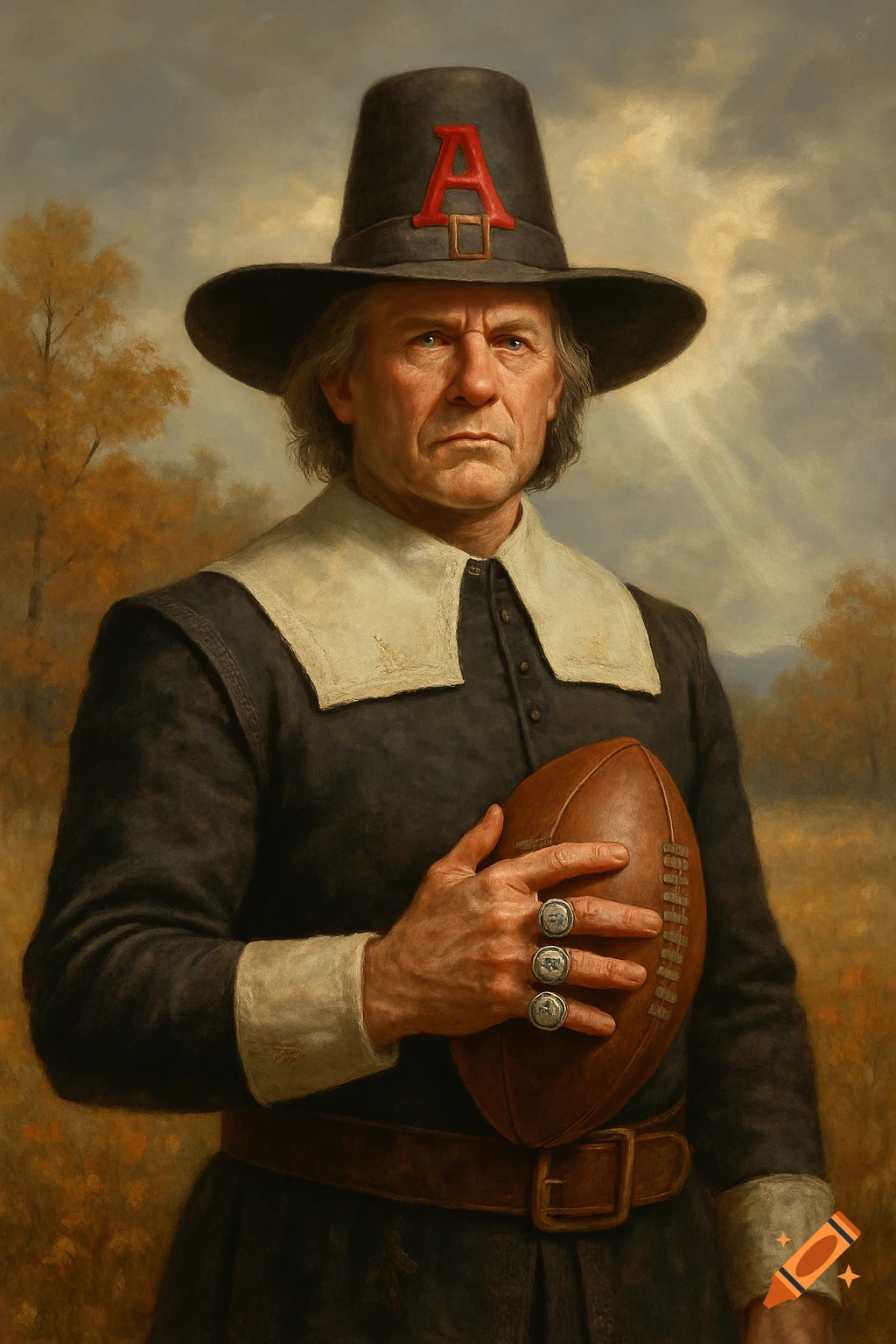 A solemn pilgrim man wearing a hat with a red 'A', holding a football, and sporting championship rings. Painted portrait style.