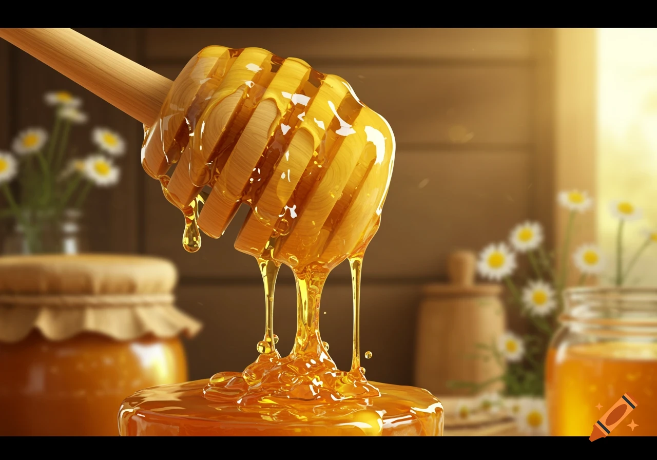 Close-up of golden honey dripping from a wooden dipper onto a surface, with blurred jars and flowers in the background.