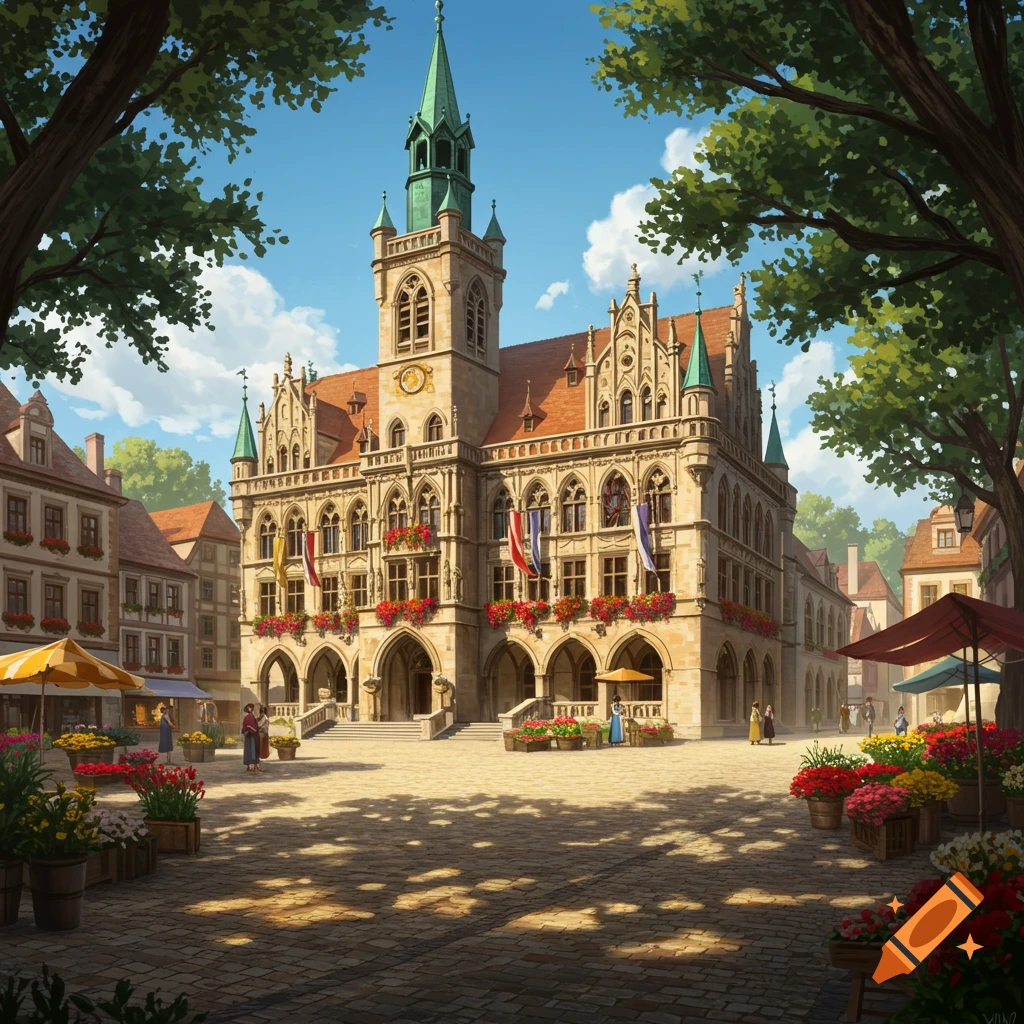 A vibrant illustration of a bustling European town square with a grand gothic town hall, market stalls, and people under a sunny sky.