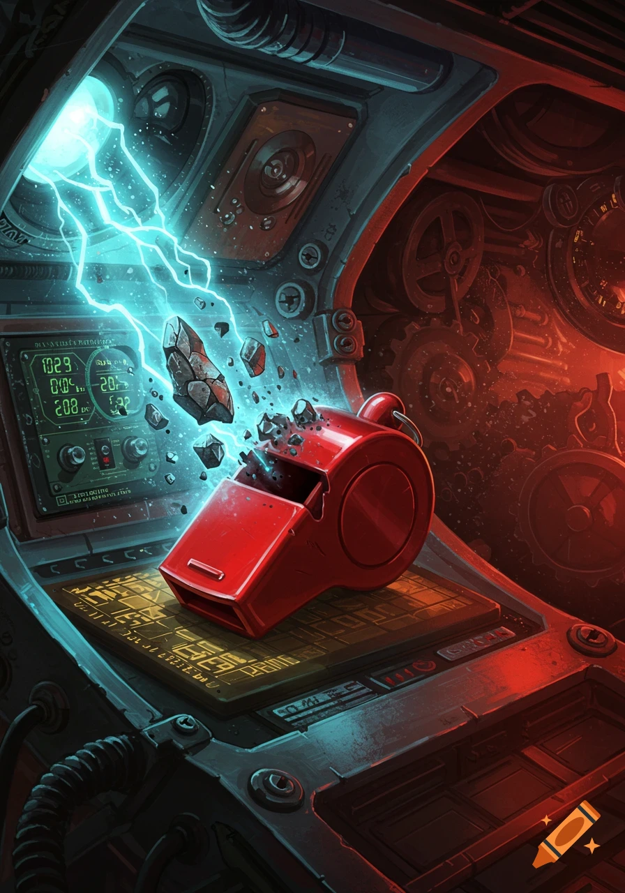 A red whistle is engulfed in blue electricity and breaking into rock fragments inside a detailed steampunk-style machine.