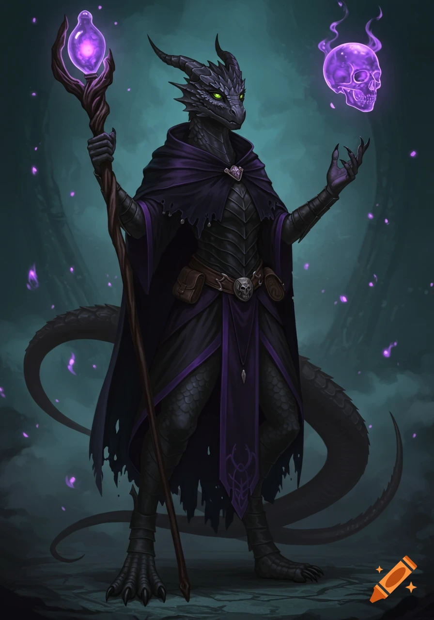 A black-scaled, reptilian humanoid wearing a dark purple and black hooded cloak, holding a twisted staff with a glowing orb, and surrounded by floating purple magical energy.