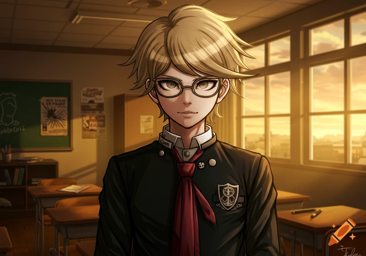 Anime boy with blonde hair and glasses in a school uniform stands in a classroom during sunset.