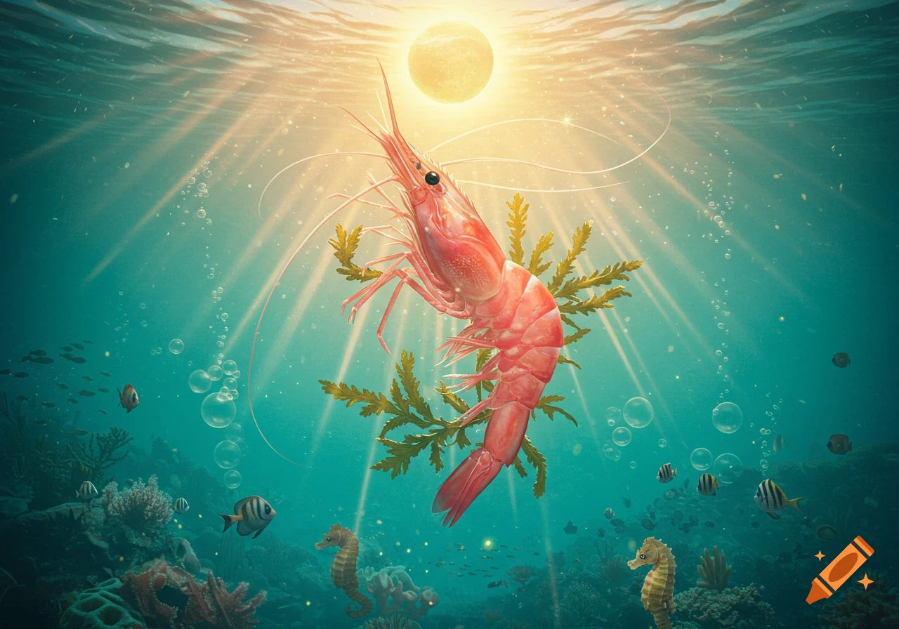 A large pink shrimp centered in a vibrant underwater scene, surrounded by green seaweed, light rays, bubbles, fish, and seahorses.