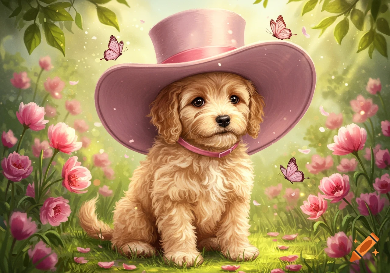 A fluffy golden puppy wearing a pink top hat and collar sits in a field of pink flowers with butterflies.