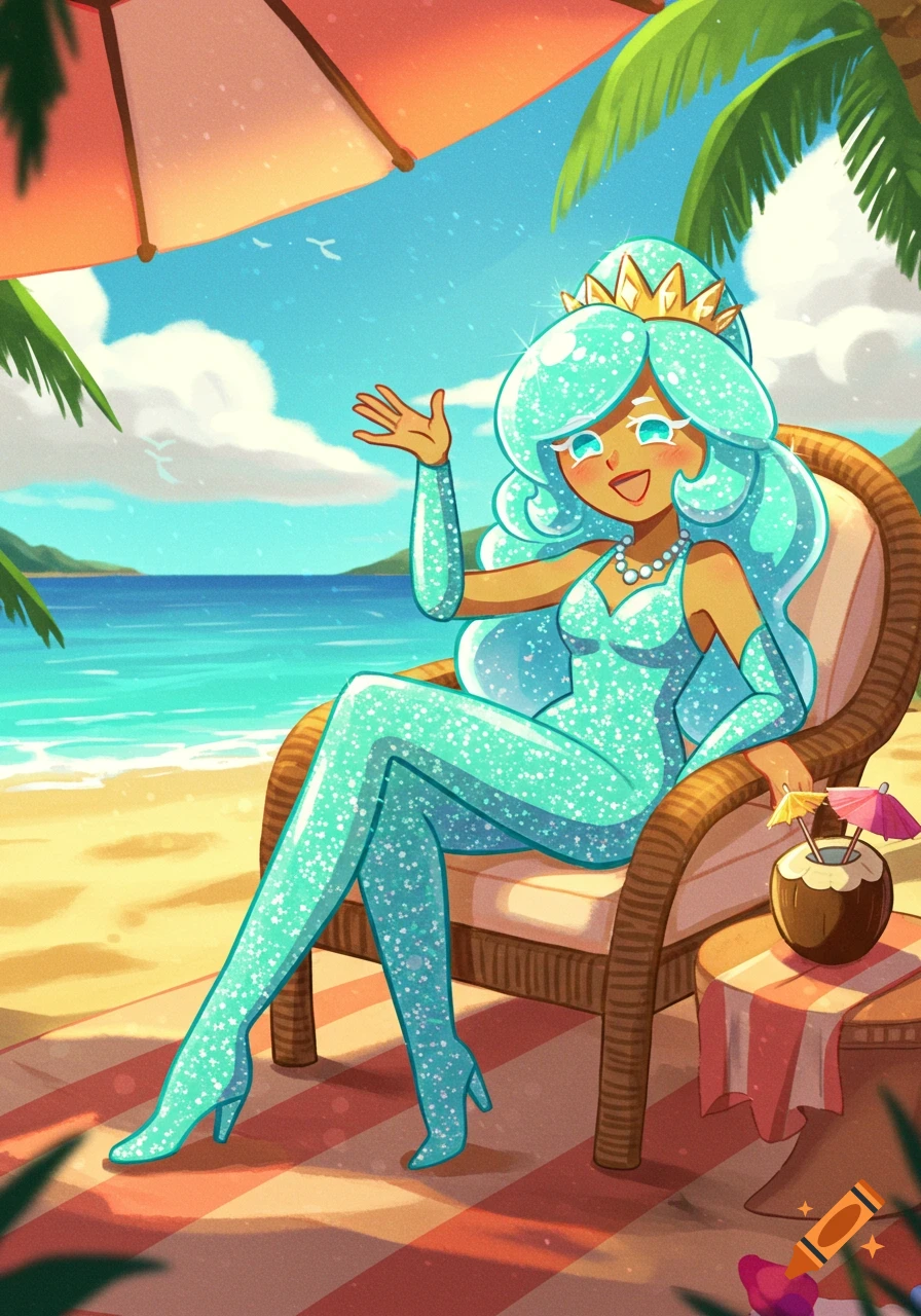 Anime-style Shining Glitter Cookie in a sparkling teal bodysuit sits on a beach chair, waving with a coconut drink.