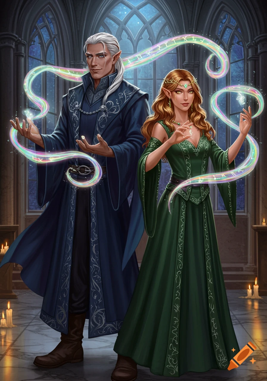 A male warlock with white hair and a female sorceress with red hair in a gothic hall, casting vibrant, glowing magic.