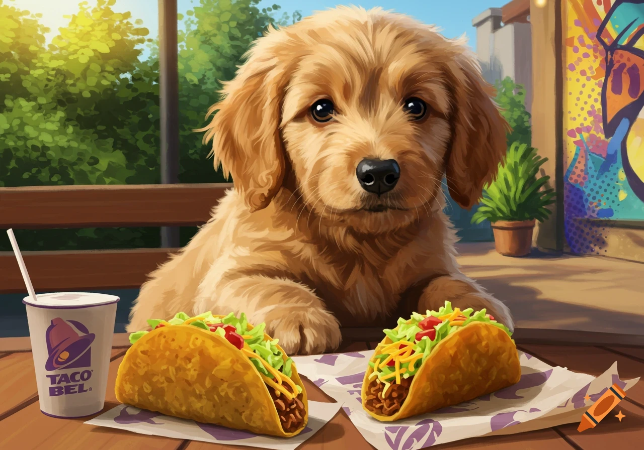 A golden retriever puppy sits at a table with two tacos and a Taco Bell cup, cartoon style.