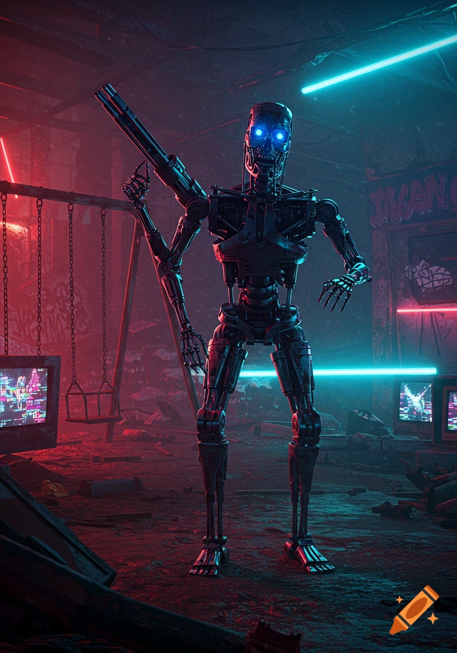 A detailed Terminator-like robot with glowing blue eyes stands in a dark, debris-filled, red and blue neon-lit abandoned room with a swing set.