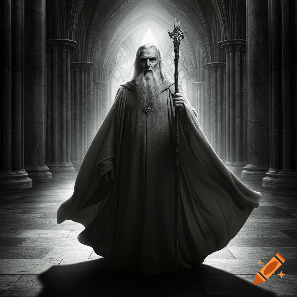 A monochrome image of an old wizard with a long beard and flowing robes holding a staff, standing in a grand gothic hall.