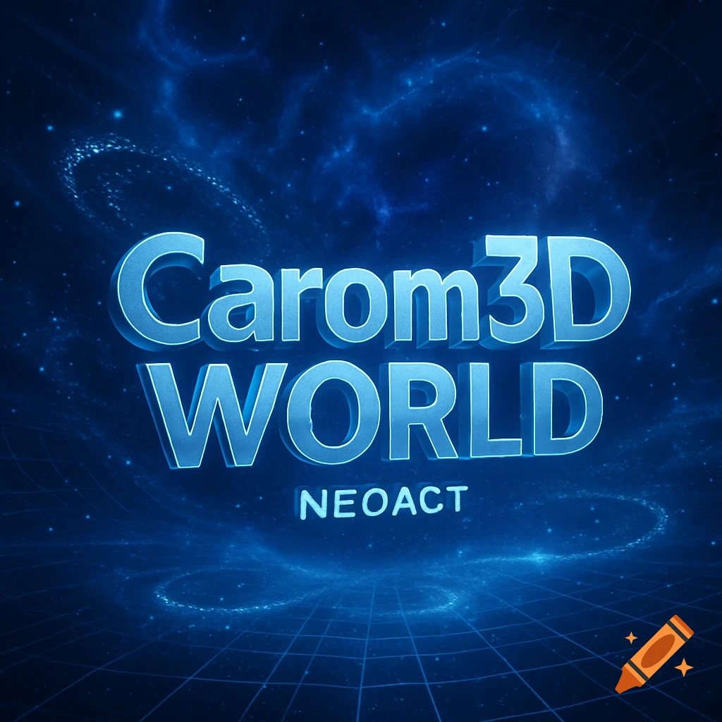 3D blue text 'Carom3D WORLD NEOACT' against a dark blue, starry grid background.