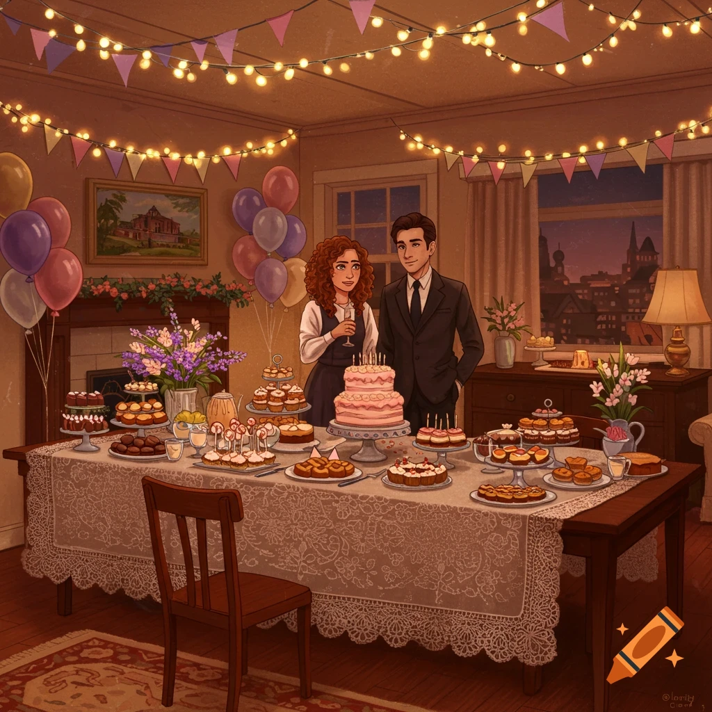 Illustrated birthday party scene with a woman and man behind a long table filled with cake and various desserts, decorated with string lights and balloons.