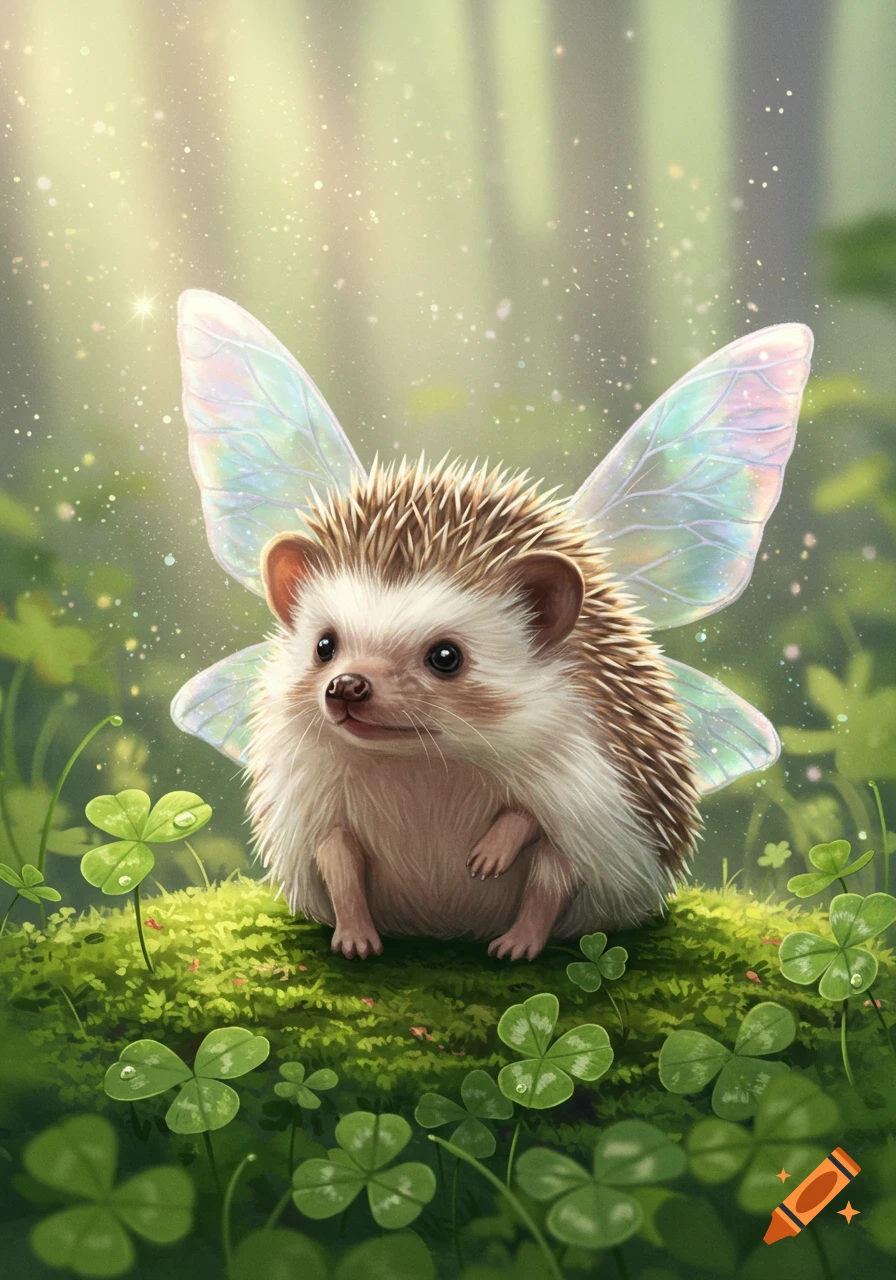 A cute, fluffy hedgehog with iridescent fairy wings sits on a mossy log among clovers, bathed in sparkling sunlight.