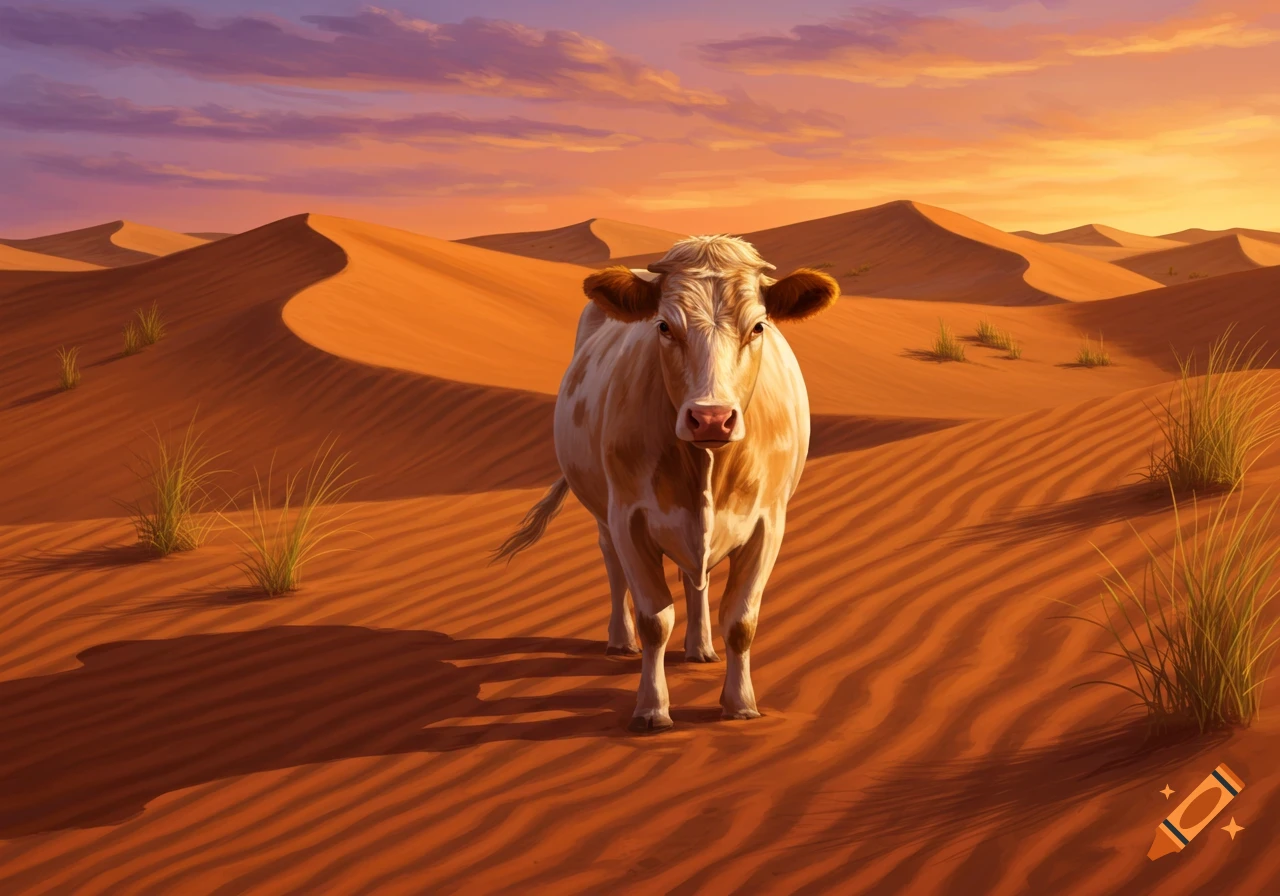 Digital painting of a light brown and white cow standing in a desert with sand dunes under a vibrant sunset sky.