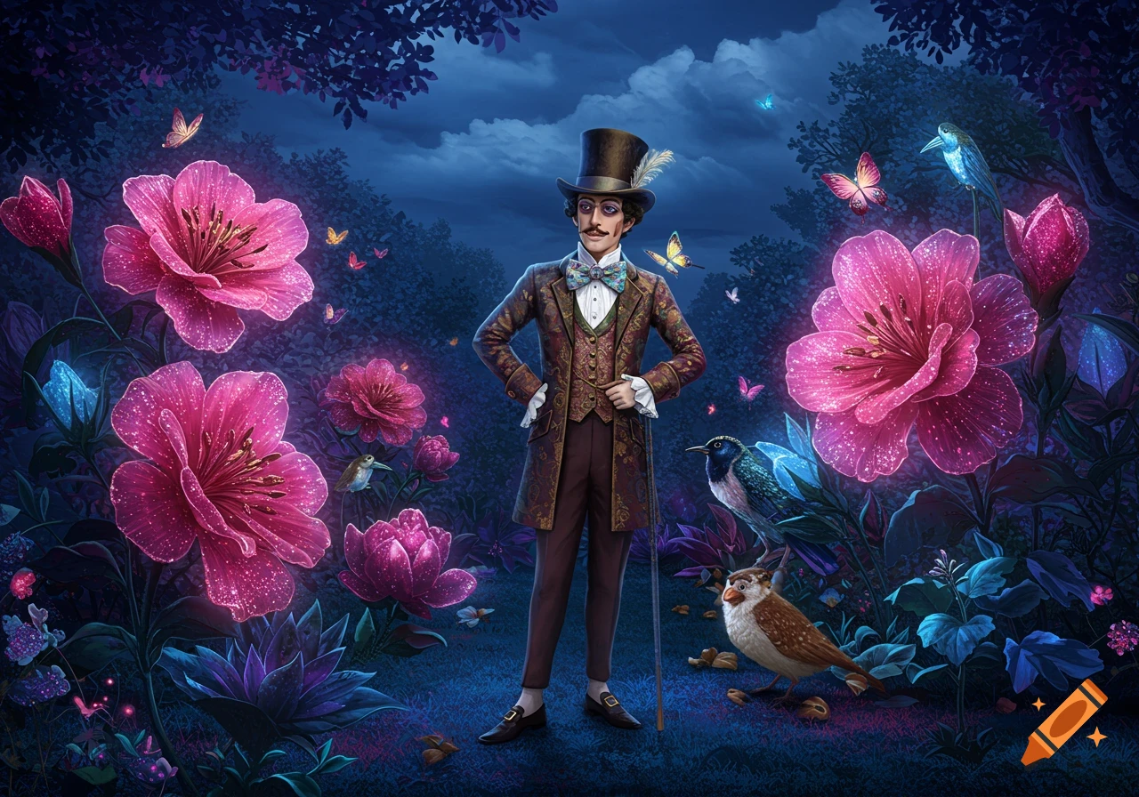 A whimsical dandy in a top hat and patterned suit stands in an enchanted night forest with glowing pink flowers, butterflies, and birds.