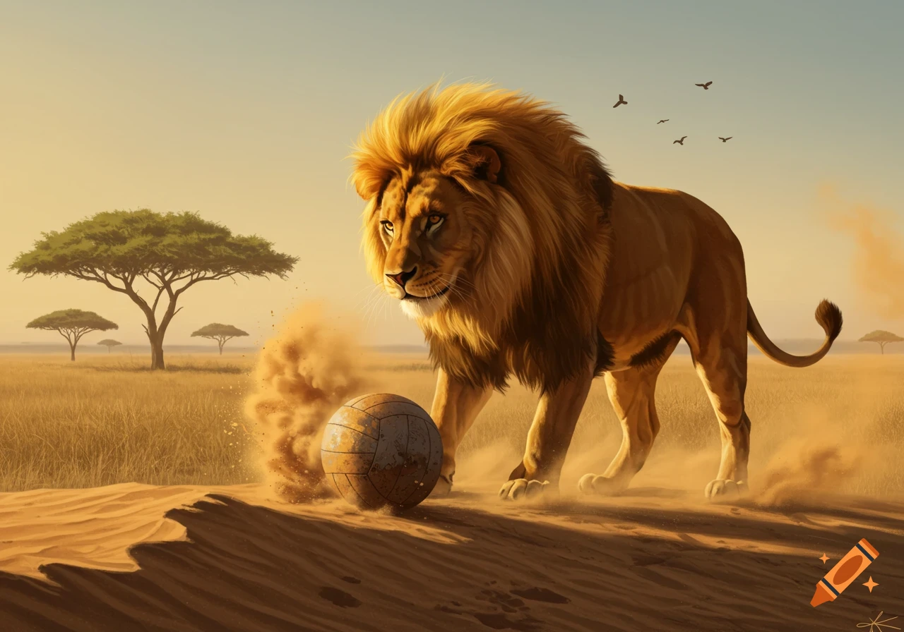 A majestic lion plays with an old volleyball, kicking up dust in a golden African savanna at sunset.