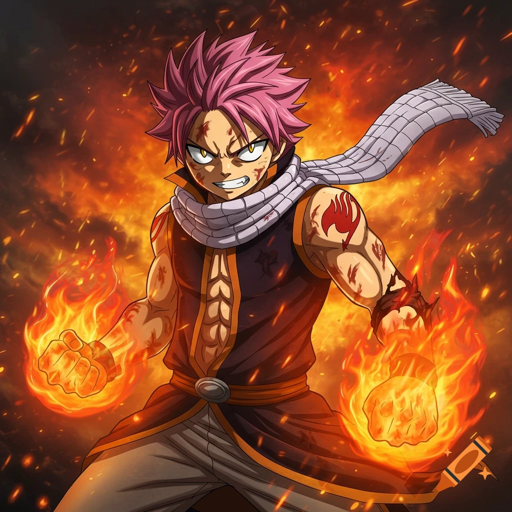 Anime character Natsu Dragneel with pink spiky hair, wearing a vest and scarf, with fists engulfed in fire against a fiery background.