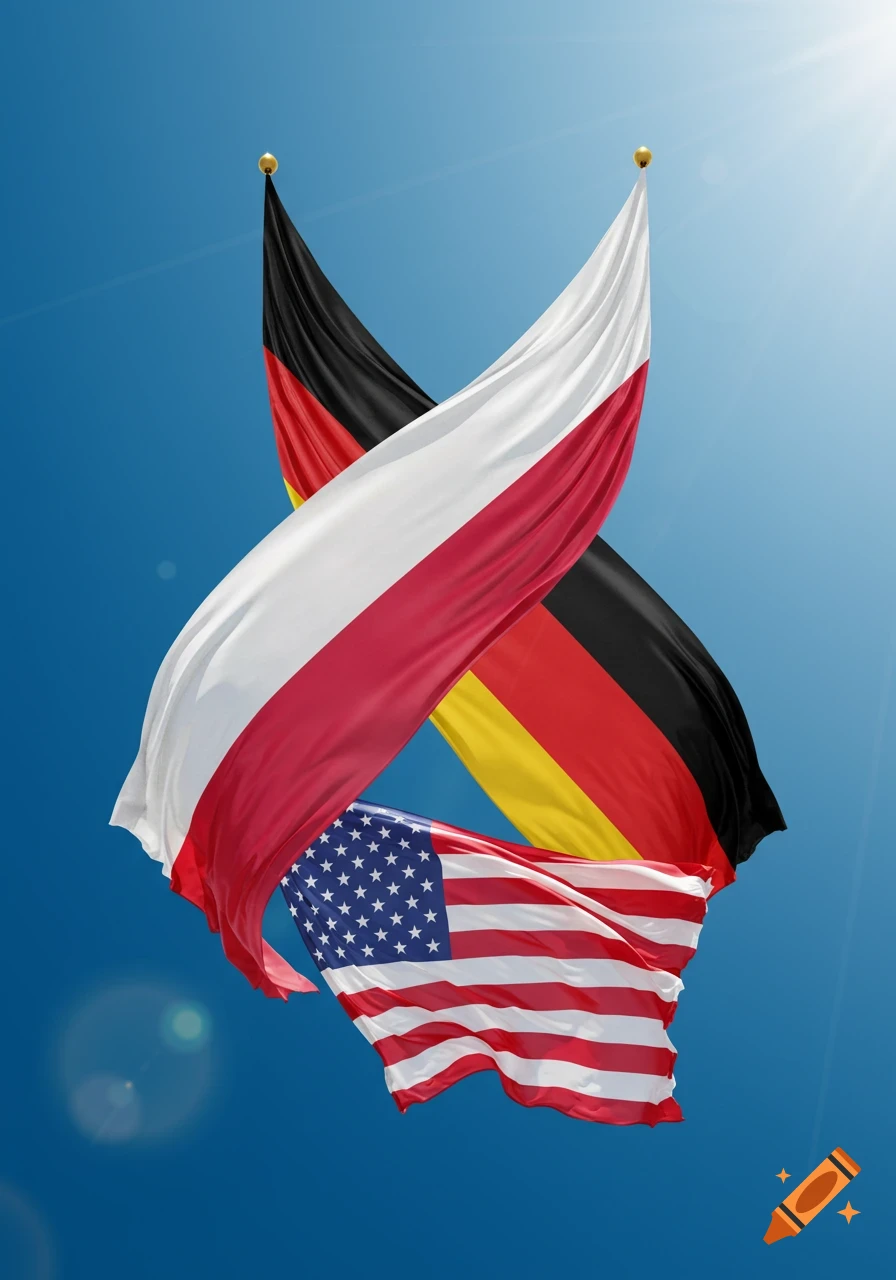 The Polish, German, and American flags wave against a bright blue sky, with the European flags intertwining above the US flag.