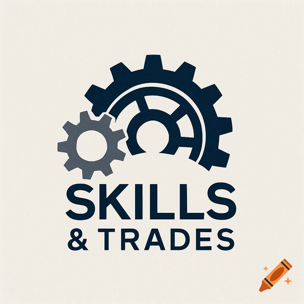 Minimalist business logo for 'Skills & Trades' featuring two interlocking gears, one large and dark blue, one small and gray.