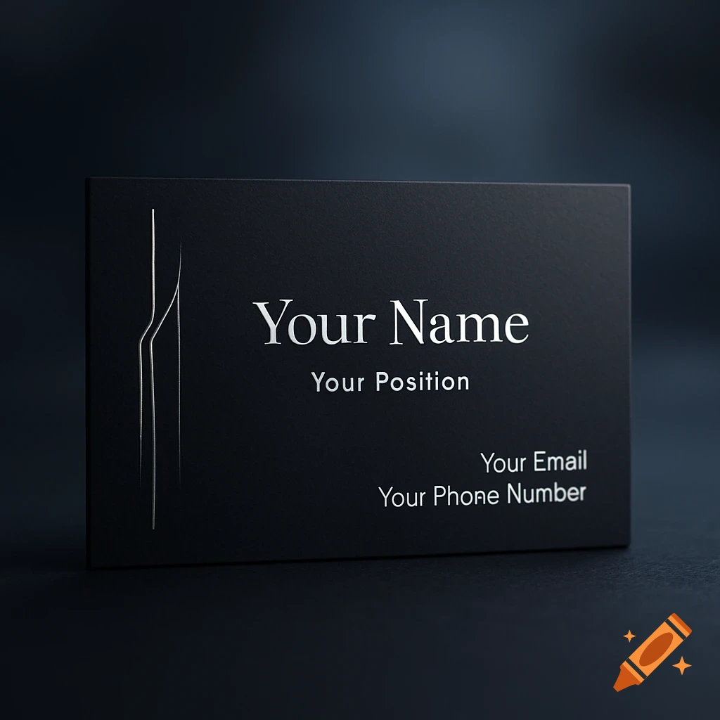 A minimalist black business card with white placeholder text for name, position, email, and phone number, against a dark background.