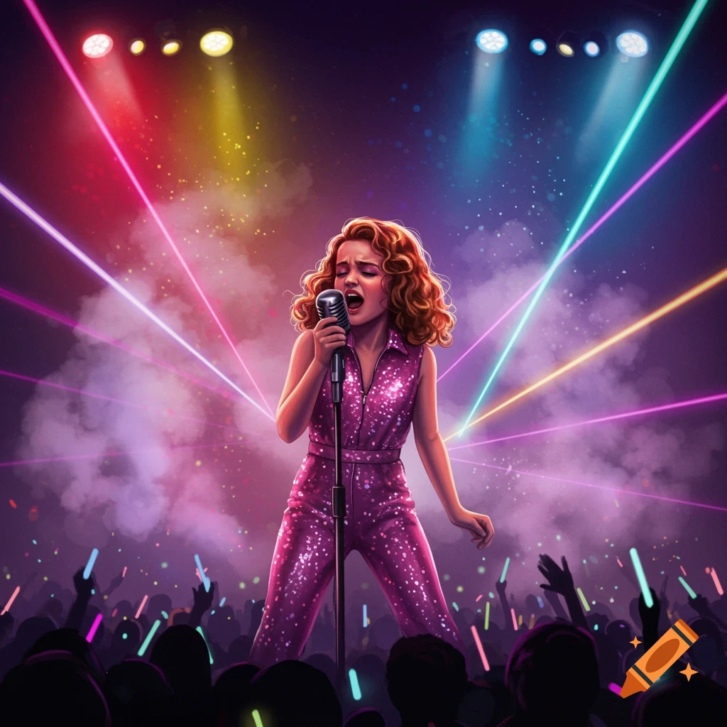 An illustrated girl in a sparkly pink jumpsuit sings into a microphone on stage, surrounded by colorful laser lights and a cheering concert crowd.