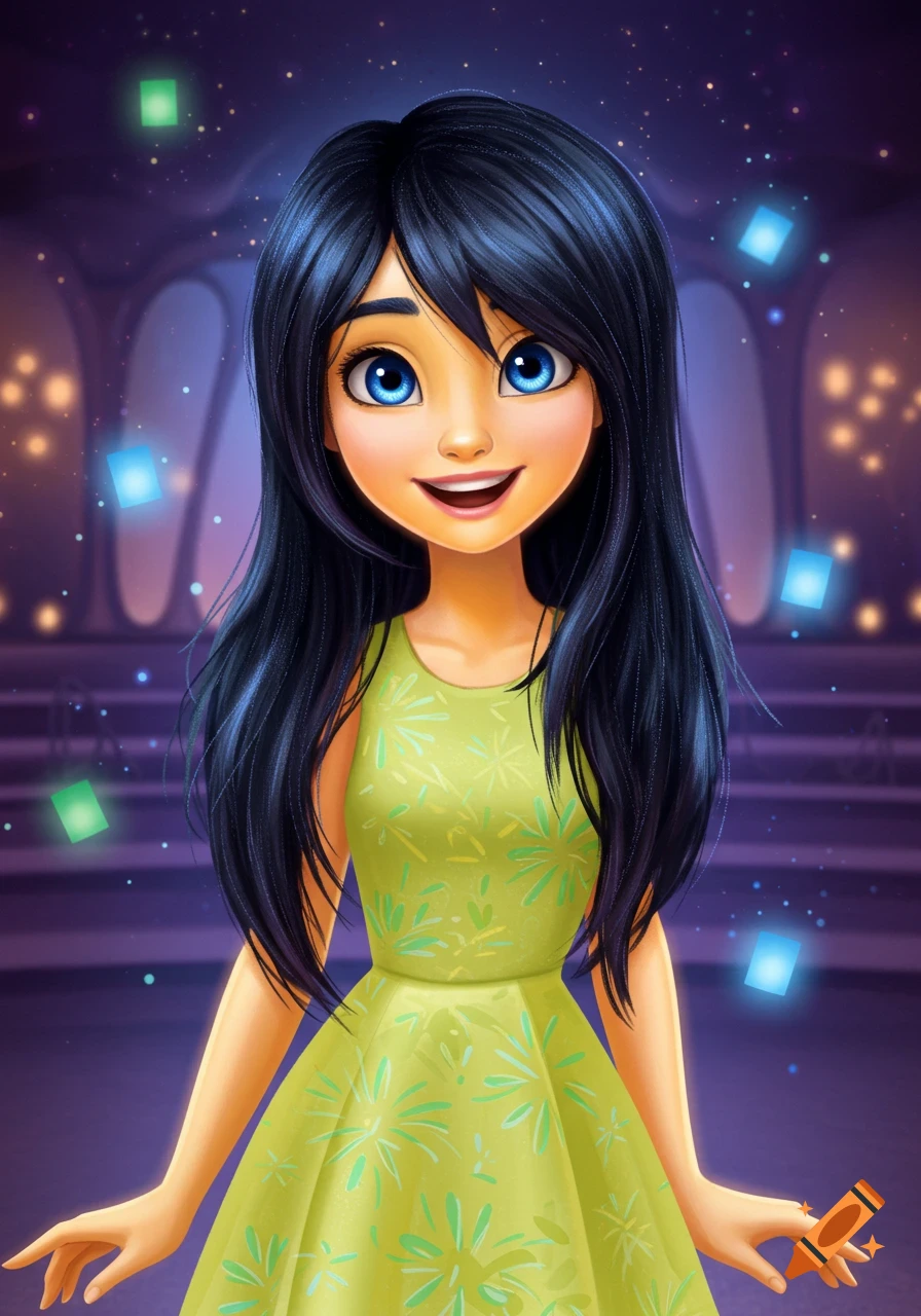 A smiling cartoon girl with long dark hair and blue eyes, wearing a green patterned dress, in a whimsical dark background with glowing cubes.