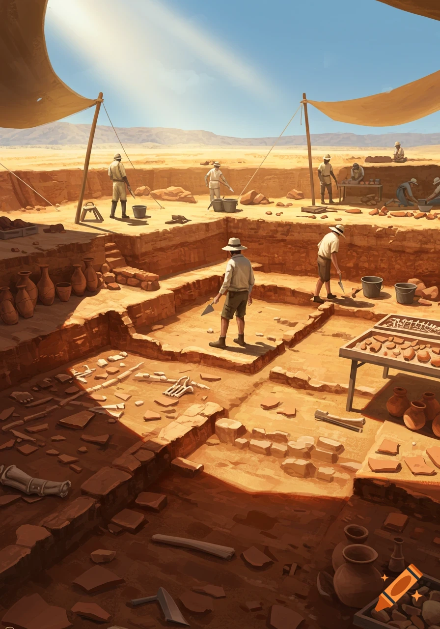 Illustration of an archaeological dig site in a sunny desert with excavators, tools, pottery, and skeletal remains.