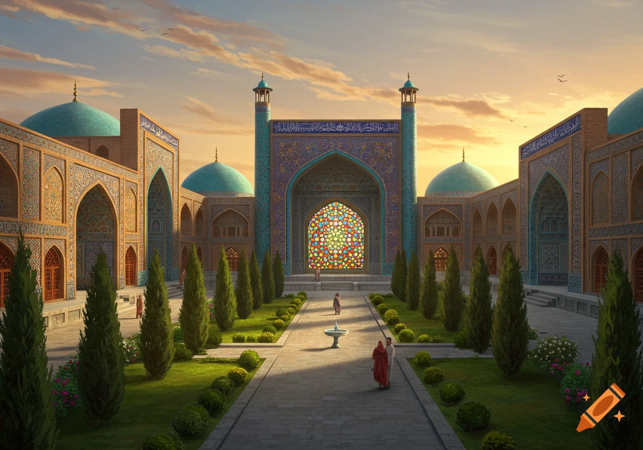 A majestic Islamic architectural complex with blue domes, intricate tilework, and a central archway featuring a colorful stained-glass window, set in a courtyard with cypress trees and a fountain, under an evening sky.