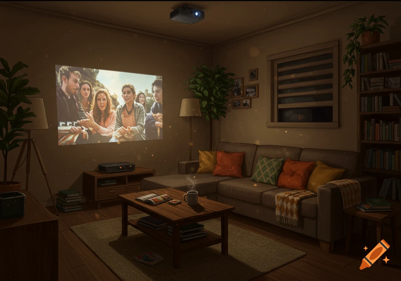 An illustrated cozy living room at night with a movie projected onto the wall, showing people on screen.