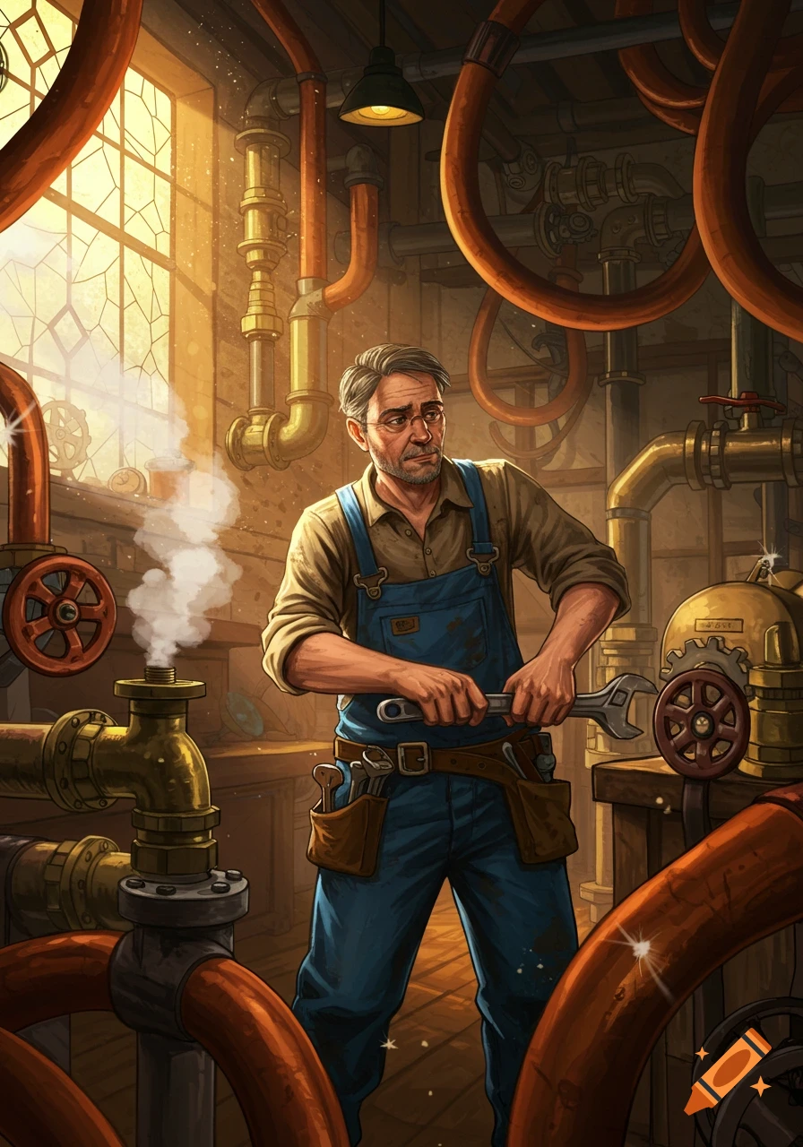 A grizzled plumber in blue overalls works on a complex system of brass and copper pipes in a sunlit workshop, holding a wrench.